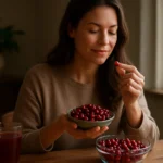 Žena si vychutnáva brusnice a zlepšuje svoju náladu a zdravie.