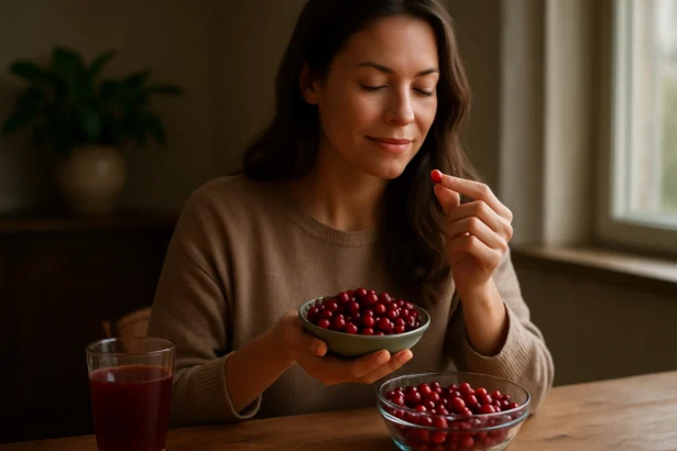 Žena si vychutnáva brusnice a zlepšuje svoju náladu a zdravie.