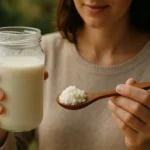 Žena drži pohár kaukazského kefíru a lyžicu kefírových zŕn.