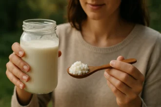 Žena drži pohár kaukazského kefíru a lyžicu kefírových zŕn.