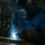 Zvárač pracujúci s CO zváraním, iskry a modré svetlo.