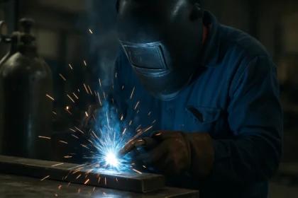 Zvárač pracujúci s CO zváraním, iskry a modré svetlo.