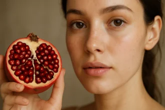 Žena s granátovým jablkom, symbol zdravia a krásy pleti.