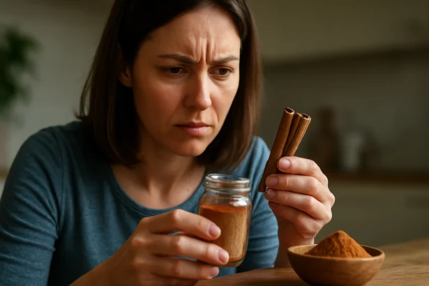 Žena skúma škoricu a jej možné vedľajšie účinky