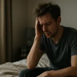 Muž s bolesťou hlavy po jazde na amfetamínoch