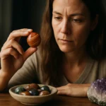 Žena skúma achátovú perlu v rukách so šťastnými kameňmi na stole.