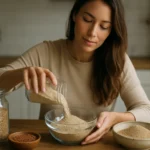 Žena s ľanovou múkou a semienkami v kuchyni.