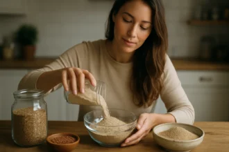 Žena s ľanovou múkou a semienkami v kuchyni.