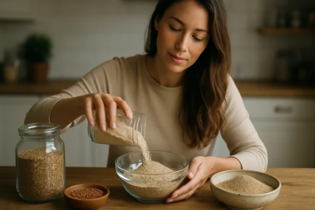 Žena s ľanovou múkou a semienkami v kuchyni.
