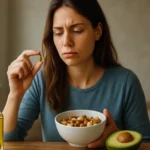 Žena drží omega-9 kapsulu s potravinami bohatými na zdravé tuky.