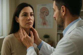 Lekár vyšetruje ženu s otázkami o jej hormonálnom zdraví.