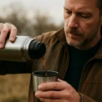 Muž nalieva teplý nápoj z termosky do pohára v prírode.