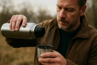 Muž nalieva teplý nápoj z termosky do pohára v prírode.