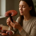 Žena drží houbu Ganoderma, symbol zdravia a dlhovekosti.