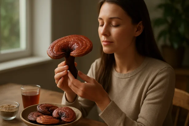 Žena drží houbu Ganoderma, symbol zdravia a dlhovekosti.