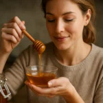 Žena s medom v miske, pripravujúca sa na ochutnanie zdravého elixíru.