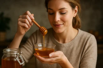 Žena s medom v miske, pripravujúca sa na ochutnanie zdravého elixíru.