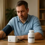 Muž meriaci krvný tlak vedľa fľaše s arginínom.