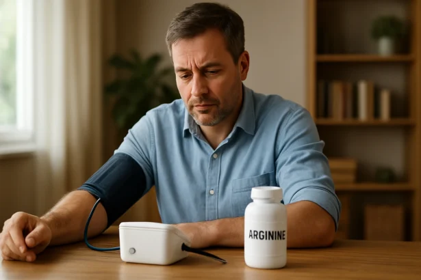 Muž meriaci krvný tlak vedľa fľaše s arginínom.