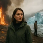 Žena a muž stojaci pri ľadovci s požiarom v pozadí, symbolizujúci klimatické zmeny.