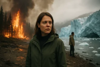 Žena a muž stojaci pri ľadovci s požiarom v pozadí, symbolizujúci klimatické zmeny.