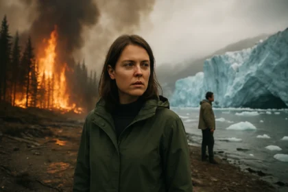 Žena a muž stojaci pri ľadovci s požiarom v pozadí, symbolizujúci klimatické zmeny.