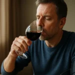 Muž ochutnávajúci červené víno s prístrojom na meranie krvného tlaku.