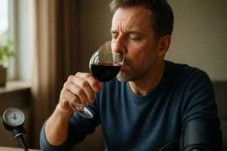 Muž ochutnávajúci červené víno s prístrojom na meranie krvného tlaku.