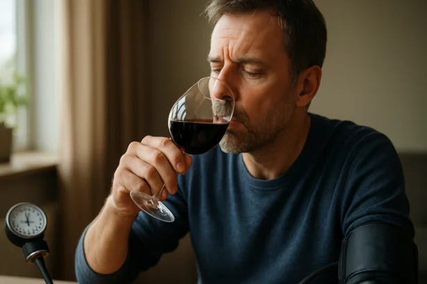 Muž ochutnávajúci červené víno s prístrojom na meranie krvného tlaku.