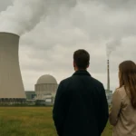 Pár stojí pred atómovou elektrárňou, premýšľajúc o budúcnosti energetiky.