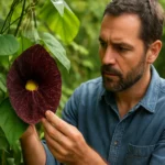 Muž skúma fascinujúci kvet rastliny Aristolochia v prírode.