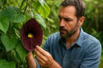Muž skúma fascinujúci kvet rastliny Aristolochia v prírode.