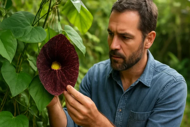 Muž skúma fascinujúci kvet rastliny Aristolochia v prírode.