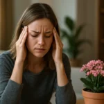 Žena s bolesťou hlavy sedí pri kvete rozchodnice ružovej