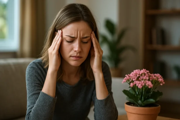 Žena s bolesťou hlavy sedí pri kvete rozchodnice ružovej