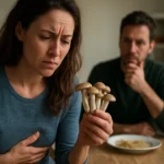 Žena s bolesťou brucha drží huby, znepokojený muž v pozadí.