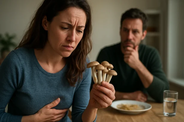Žena s bolesťou brucha drží huby, znepokojený muž v pozadí.