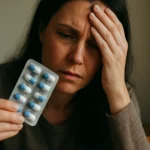 Žena s bolestivým výrazom držiaca expirované antibiotiká.