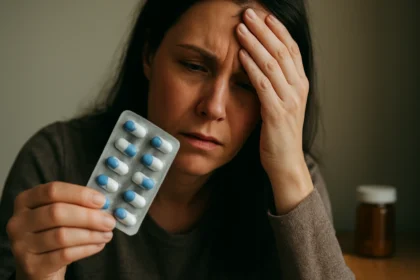 Žena s bolestivým výrazom držiaca expirované antibiotiká.