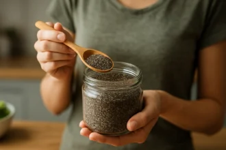 Žena s lyžičkou chia semienok z pohára v kuchyni