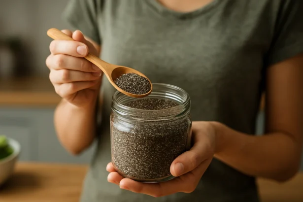 Žena s lyžičkou chia semienok z pohára v kuchyni