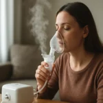 Žena používajúca inhalátor pre lepšie dýchanie a zdravie.