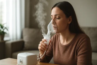 Žena používajúca inhalátor pre lepšie dýchanie a zdravie.