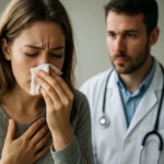 Žena s alergiou a lekár v konzultácii o histamíne a imunitnom systéme.
