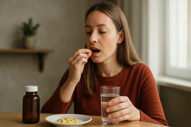 Žena užívajúca vitamín D s vodou a kapsulami na stole.