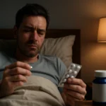 Muž v posteli drží tabletku a blistrovú foliu, rozmýšľa o spánku.