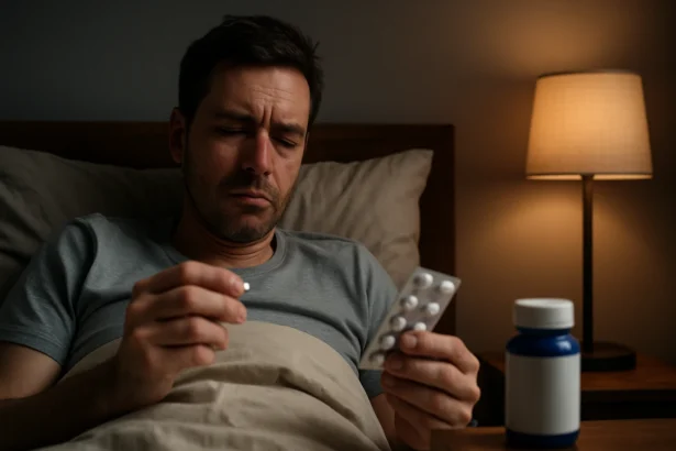 Muž v posteli drží tabletku a blistrovú foliu, rozmýšľa o spánku.