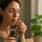 Žena užívajúca tabletku z medovky s rastlinou v pozadí.