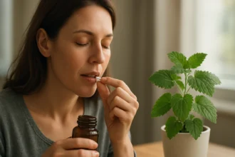 Žena užívajúca tabletku z medovky s rastlinou v pozadí.