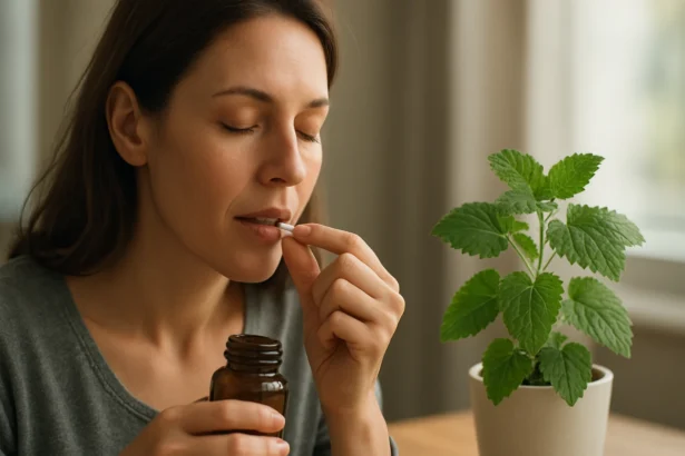 Žena užívajúca tabletku z medovky s rastlinou v pozadí.